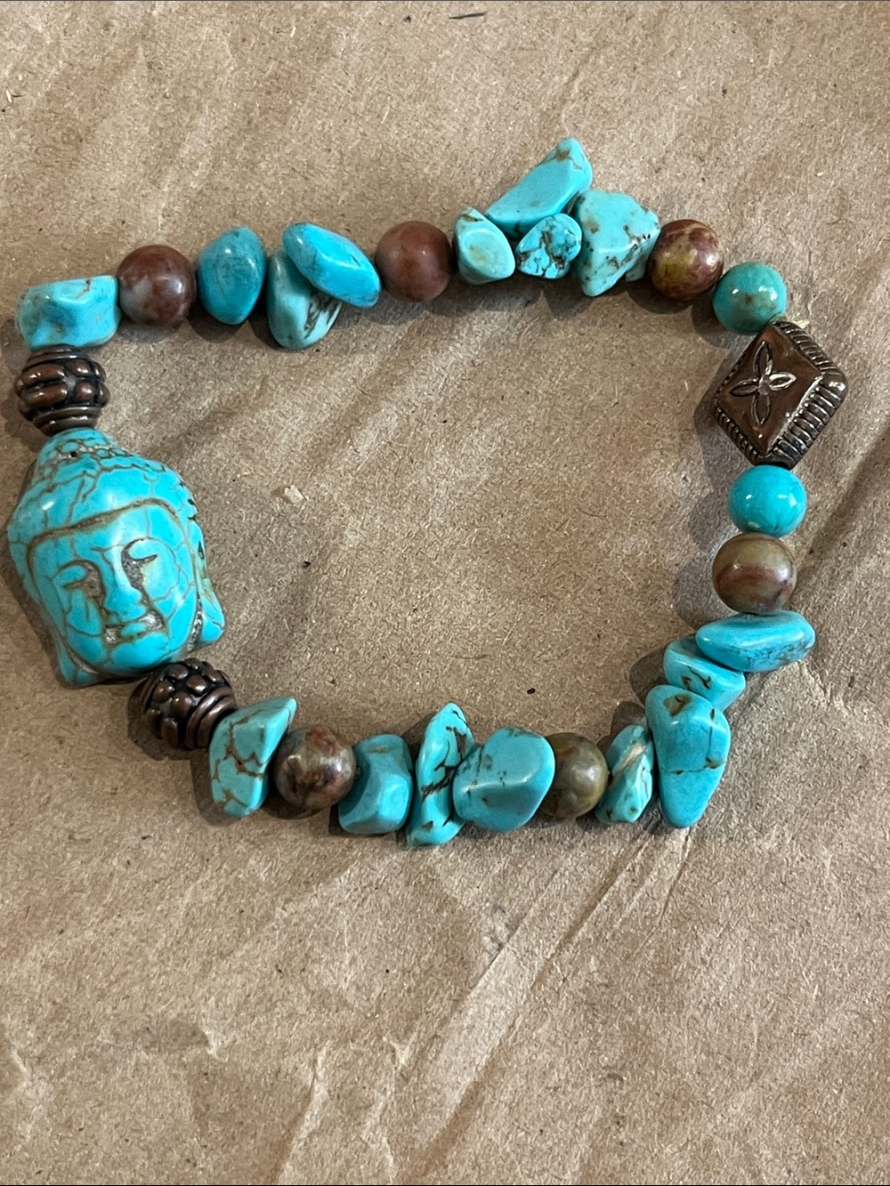 Turquoise colored beaded  Buddha Bead Stretch Bracelet - Blue